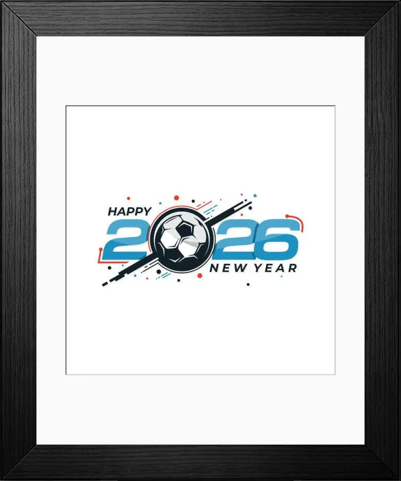 Framed Print : Soccer template Happy New Year 2026 with unique logo ball combination. Vector illustration