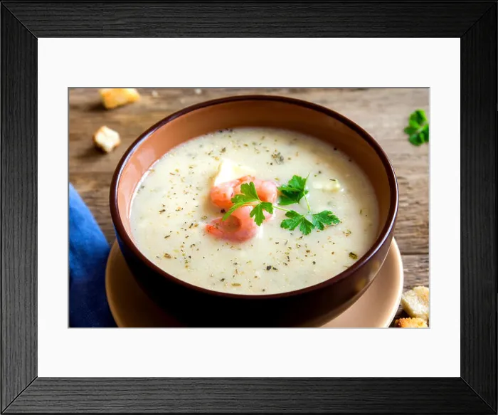 Framed Print : Vegetable spicy cream soup with shrimps in bowl close up Framed Print : Vegetable spicy cream soup with shrimps in bowl close up