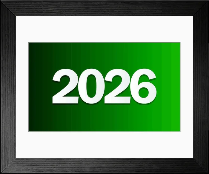 Framed Print : 2026 Text. White numbers on green background. Festive background for your design. Vector illustration Framed Print : 2026 Text. White numbers on green background. Festive background for your design. Vector illustration