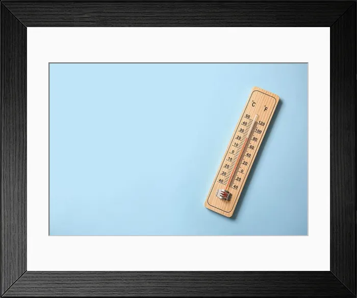 Framed Print : Weather thermometer on color background Framed Print : Weather thermometer on color background