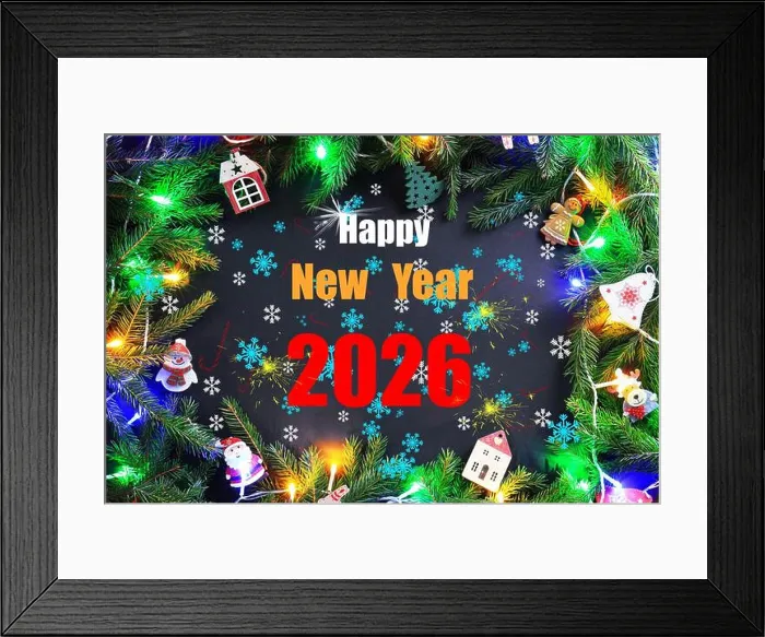 Framed Print : Happy New Year 2026 text centered within a festive frame of fir branches Framed Print : Happy New Year 2026 text centered within a festive frame of fir branches