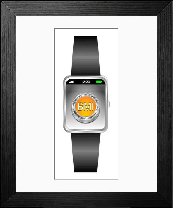 Framed Print : Smartwatch with BMI - Body Mass Index Button - 3D illustration Framed Print : Smartwatch with BMI - Body Mass Index Button - 3D illustration