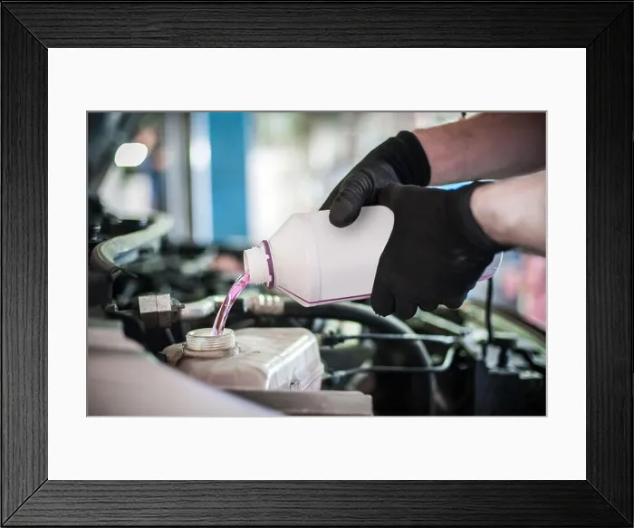 Framed Print : Car master mechanic pours antifreeze in the car at service workshop Framed Print : Car master mechanic pours antifreeze in the car at service workshop