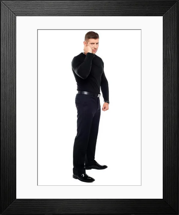 Framed Print : Strong bouncer listening carefully. Full length shot over white background Framed Print : Strong bouncer listening carefully. Full length shot over white background