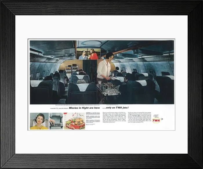 Framed Print : 1964 TWA Trans World Airlines ad - 'Movies in flight on TWA jets' Framed Print : 1964 TWA Trans World Airlines ad - 'Movies in flight on TWA jets'