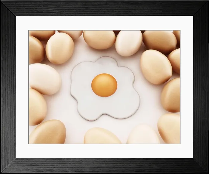 Framed Print : Fried egg and raw eggs isolated on white background. 3D illustration Framed Print : Fried egg and raw eggs isolated on white background. 3D illustration