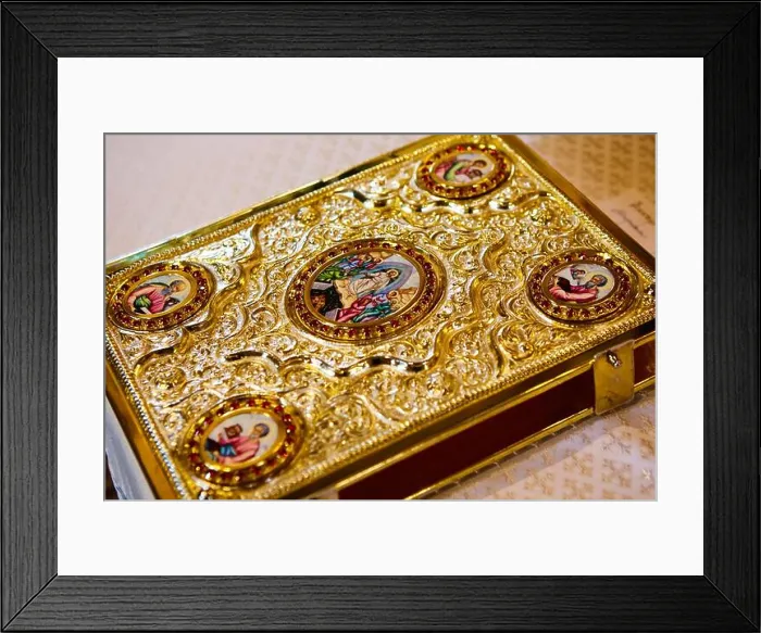 Framed Print : Holy Bible book in gold. Shallow dof Framed Print : Holy Bible book in gold. Shallow dof