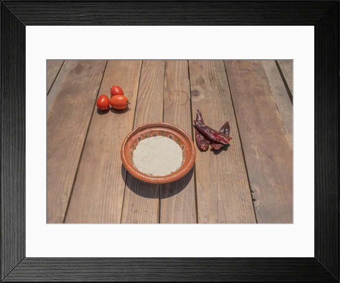 Framed Print : dough for Mexican tortillas in clay plate on table with chili peppers and tomatoes