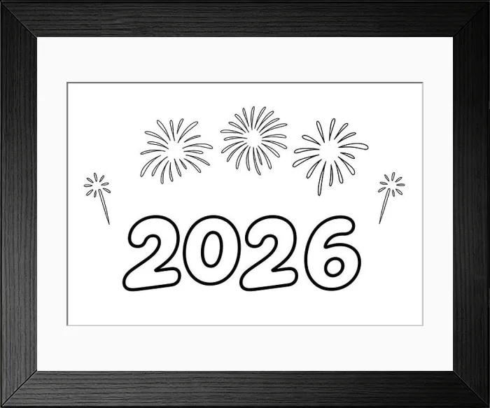 Framed Print : Black and white fireworks illustration with '2026' text, new year festive design Framed Print : Black and white fireworks illustration with '2026' text, new year festive design