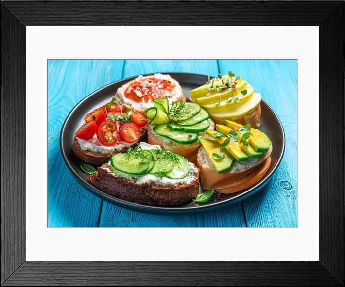 Framed Print : A set of sandwiches with feta, ricotta, vegetables and fruits on a blue background Framed Print : A set of sandwiches with feta, ricotta, vegetables and fruits on a blue background