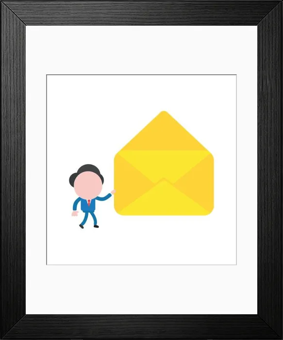 Framed Print : Vector illustration businessman character walking and holding open empty mail envelope Framed Print : Vector illustration businessman character walking and holding open empty mail envelope