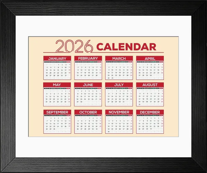 Framed Print : Complete wall calendar for the year 2026 Framed Print : Complete wall calendar for the year 2026