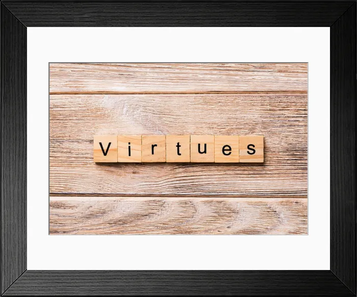 Framed Print : virtues word written on wood block. virtues text on wooden table for your desing, concept Framed Print : virtues word written on wood block. virtues text on wooden table for your desing, concept