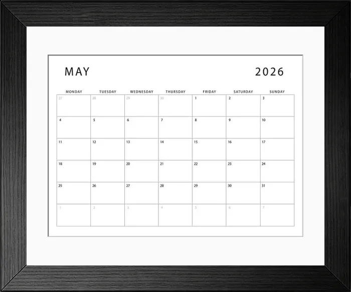 Framed Print : May 2026 calendar. Monthly planner template. Monday start. Vector design Framed Print : May 2026 calendar. Monthly planner template. Monday start. Vector design