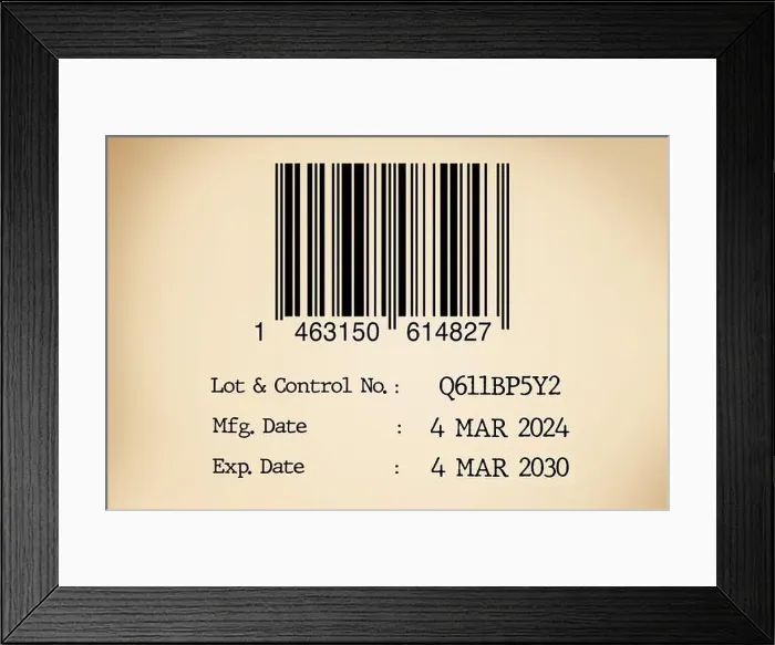 Framed Print : Details of expiry date and manufacturing date with bar code on product label Framed Print : Details of expiry date and manufacturing date with bar code on product label