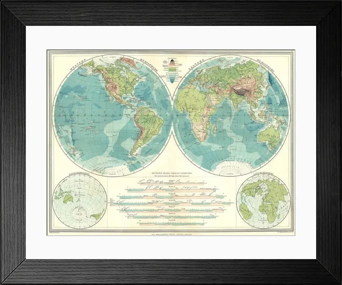 Framed Print : WORLD: Hemispheres: Physical; Western Hemisphere; Eastern; Water Land, 1907 map Framed Print : WORLD: Hemispheres: Physical; Western Hemisphere; Eastern; Water Land, 1907 map