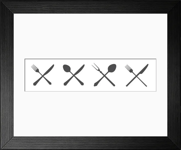 Framed Print : Crossed knives, spoons and forks. Vintage and modern. Cutlery silhouettes. Flat illustration isolated on white Framed Print : Crossed knives, spoons and forks. Vintage and modern. Cutlery silhouettes. Flat illustration isolated on white