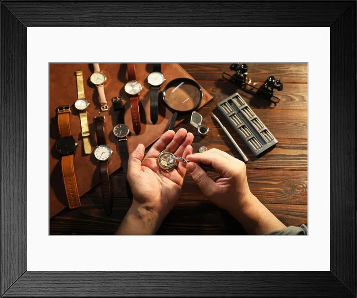 Framed Print : Man fixing mechanism of vintage wrist watch at wooden table, top view Framed Print : Man fixing mechanism of vintage wrist watch at wooden table, top view