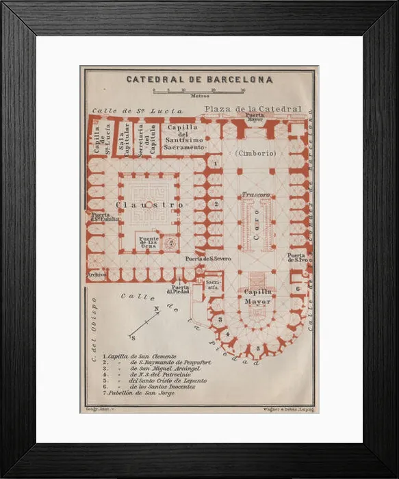 Framed Print : CATHEDRAL OF / CATEDRAL DE BARCELONA floor plan. Spain España mapa, 1913 Framed Print : CATHEDRAL OF / CATEDRAL DE BARCELONA floor plan. Spain España mapa, 1913