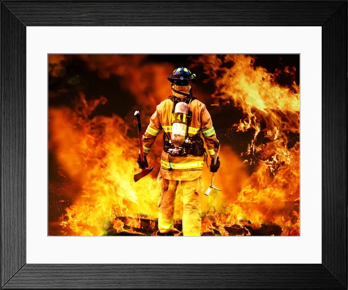 Framed Print : Firefighter searching, fireman accessing a fire Framed Print : Firefighter searching, fireman accessing a fire