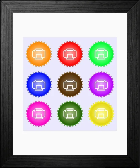 Framed Print : Printing icon sign. A set of nine different colored labels. Vector illustration Framed Print : Printing icon sign. A set of nine different colored labels. Vector illustration