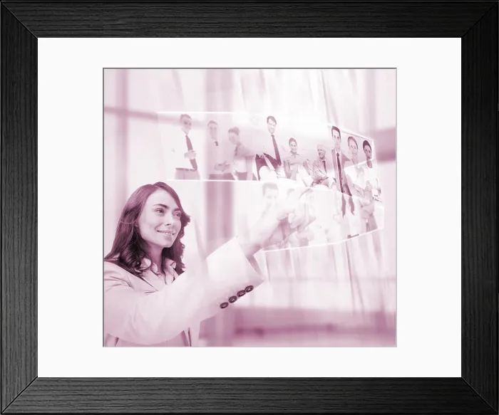Framed Print : Pleased businesswoman scrolling pictures on digital screen Framed Print : Pleased businesswoman scrolling pictures on digital screen