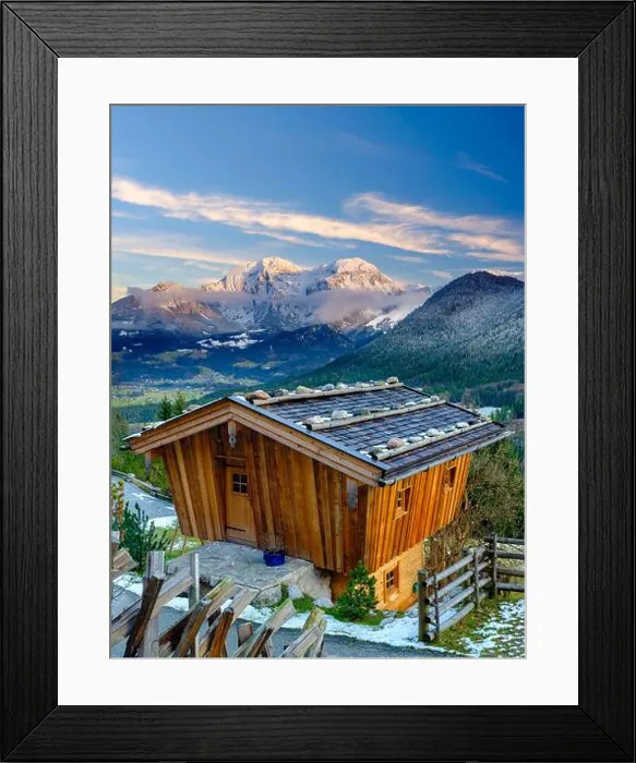 Framed Print : Traditional wooden hut, behind it the massif of the Hohen Goell in winter Framed Print : Traditional wooden hut, behind it the massif of the Hohen Goell in winter