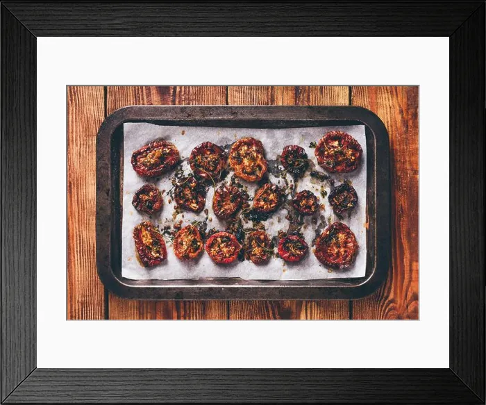 Framed Print : Baking Sheet Full of Freshly Cooked Sun Dried Tomatoes with Thyme and Olive Oil Ready for Preserving. View from Above Framed Print : Baking Sheet Full of Freshly Cooked Sun Dried Tomatoes with Thyme and Olive Oil Ready for Preserving. View from Above