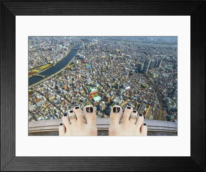 Framed Print : Barefoot woman on top of a building thinking of suicide Framed Print : Barefoot woman on top of a building thinking of suicide