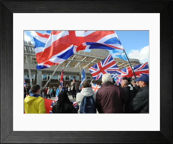 Framed Print : A speaker addresses Commonwealth Unionist Party protesters demonstrating outside the Scottish Parliament Framed Print : A speaker addresses Commonwealth Unionist Party protesters demonstrating outside the Scottish Parliament