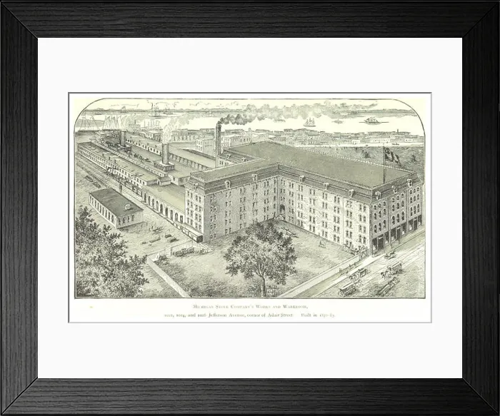 Framed Print : This 1884 drawing by Farmer shows the Michigan Stove Company's works and warehouse Framed Print : This 1884 drawing by Farmer shows the Michigan Stove Company's works and warehouse