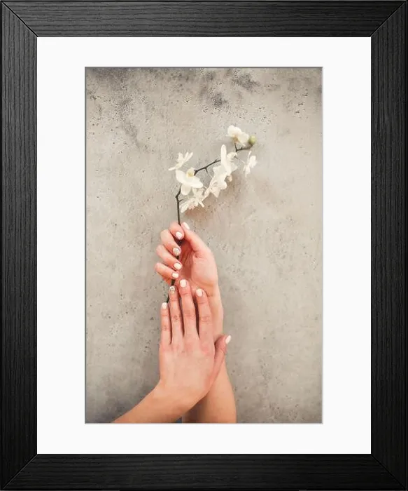 Framed Print : Top view of crop unrecognizable female with blooming flower demonstrating stylish neat manicure on concrete background Framed Print : Top view of crop unrecognizable female with blooming flower demonstrating stylish neat manicure on concrete background