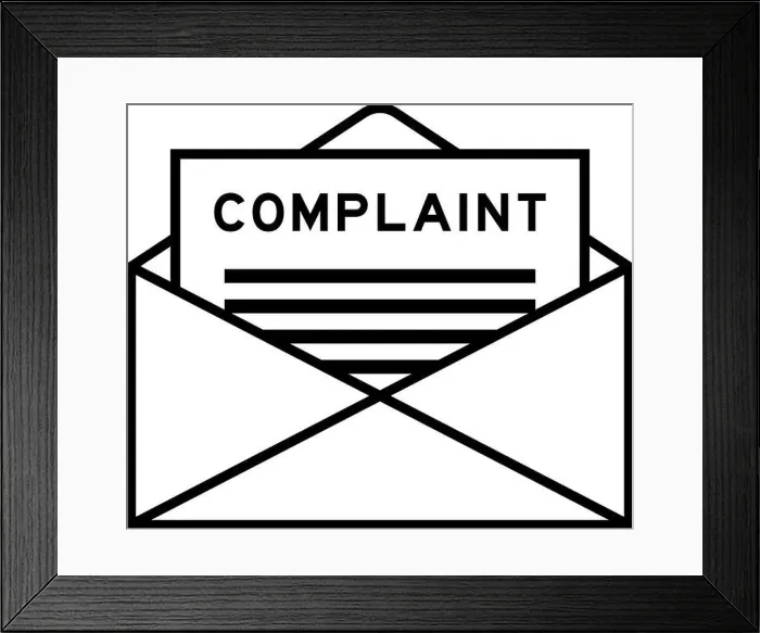 Framed Print : Envelope and letter sign with word complaint as the headline Framed Print : Envelope and letter sign with word complaint as the headline