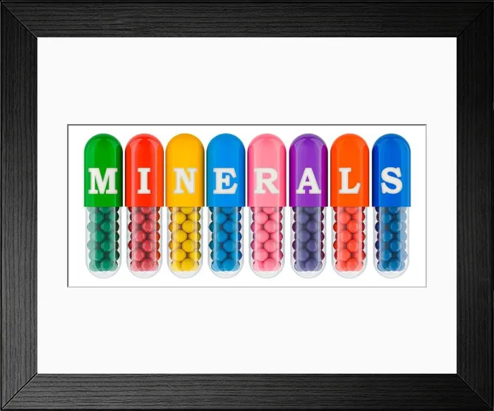 Framed Print : Minerals, microelements and elements in capsules, 3D rendering isolated on white background Framed Print : Minerals, microelements and elements in capsules, 3D rendering isolated on white background