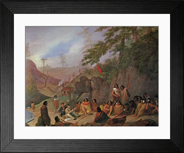 Framed Print : Oil painting of Europeans meeting with the wounded chief Hongi and his family in New Zealand, by Augustus Earl, 1827 Framed Print : Oil painting of Europeans meeting with the wounded chief Hongi and his family in New Zealand, by Augustus Earl, 1827