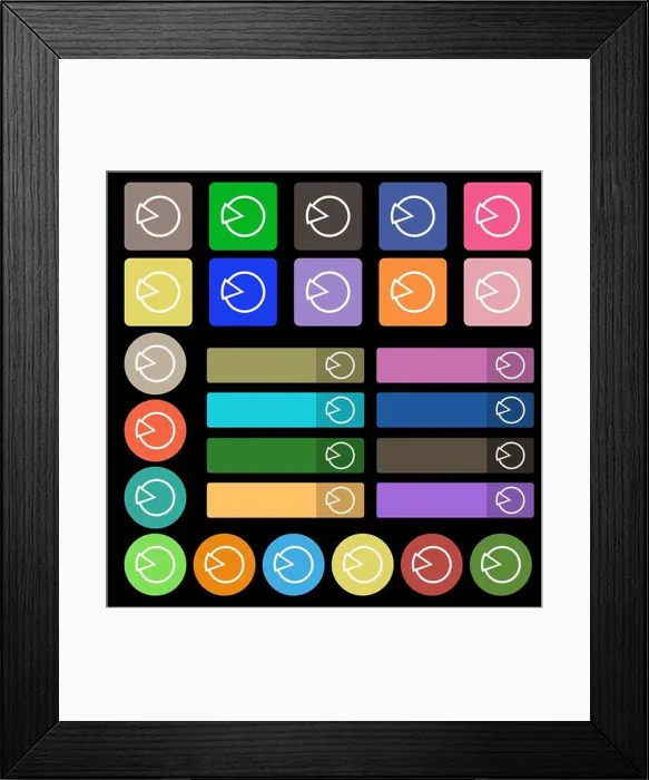 Framed Print : Pie chart graph icon sign. Set from twenty seven multicolored flat buttons. Vector illustration Framed Print : Pie chart graph icon sign. Set from twenty seven multicolored flat buttons. Vector illustration