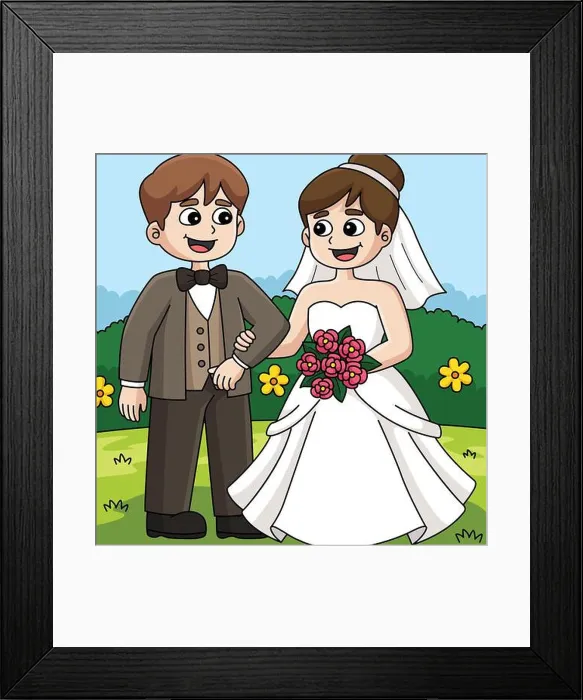Framed Print : Wedding Groom And Bride Colored Cartoon Framed Print : Wedding Groom And Bride Colored Cartoon