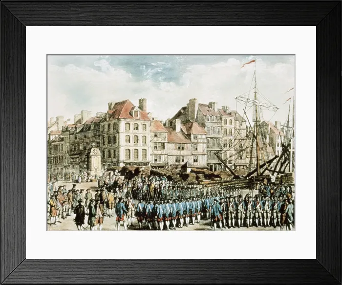Framed Print : Mercenaries embarking from Hesse to America. 1776. Copperplate. Engraving Framed Print : Mercenaries embarking from Hesse to America. 1776. Copperplate. Engraving