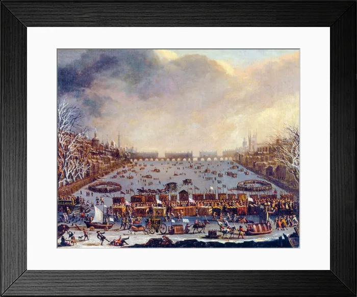 Framed Print : Frost Fair on the Thames with Old London Bridge in the distance, painting by unknown artist, circa 1684