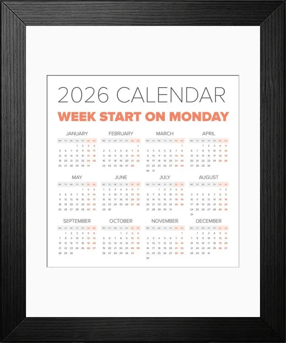 Framed Print : Simple 2026 year calendar, week starts on Monday Framed Print : Simple 2026 year calendar, week starts on Monday
