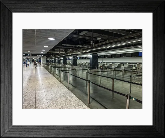 Framed Print : Illuminated and Empty Airport Check in Counter in Zurich Airport at Night in Kloten, Zurich, Zurich Canton, Switzerland Framed Print : Illuminated and Empty Airport Check in Counter in Zurich Airport at Night in Kloten, Zurich, Zurich Canton, Switzerland