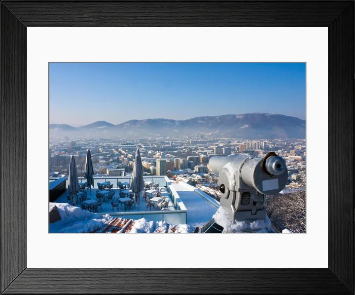 Framed Print : Telescope and terrace of restaurant in winter over snowy Graz, Austria, Europe Framed Print : Telescope and terrace of restaurant in winter over snowy Graz, Austria, Europe