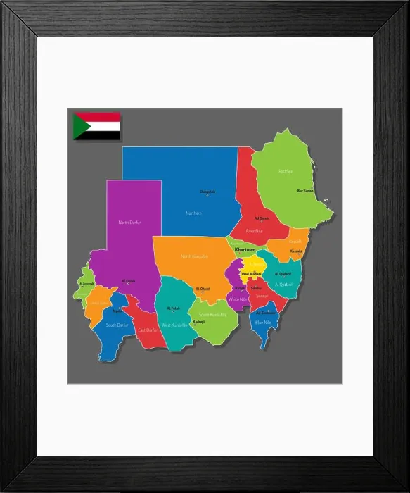 Framed Print : Vector map of Sudan with names of cities and with borders city Framed Print : Vector map of Sudan with names of cities and with borders city