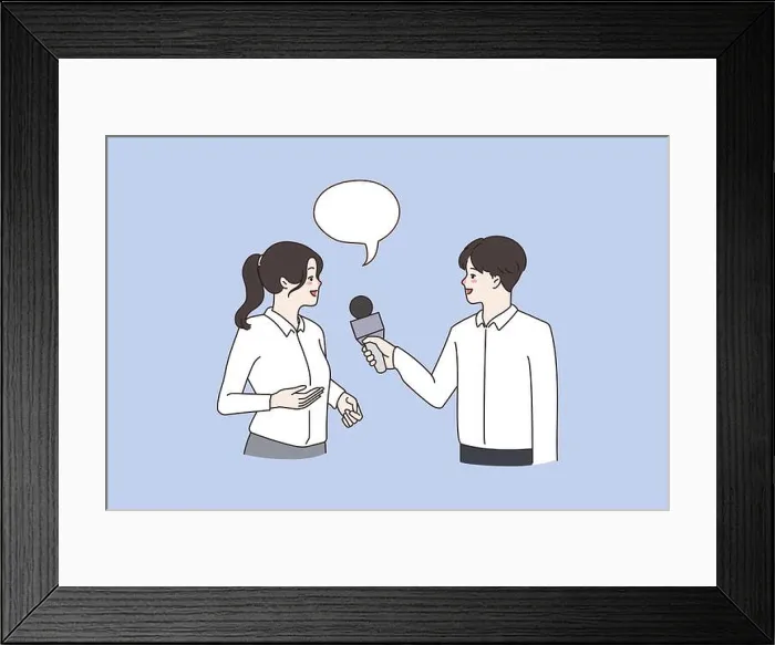 Framed Print : Man hold microphone speak interview smiling woman Framed Print : Man hold microphone speak interview smiling woman