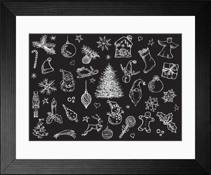 Framed Print : Set of Christmas icons on black background freehand drawn Framed Print : Set of Christmas icons on black background freehand drawn