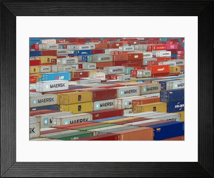 Framed Print : Close up view on full of colorful stacked containers in the port of Kwangyang, South Korea in ship port terminal Framed Print : Close up view on full of colorful stacked containers in the port of Kwangyang, South Korea in ship port terminal