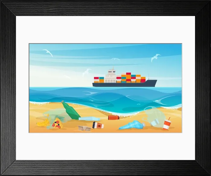 Framed Print : Ocean beach with trash and plastic waste