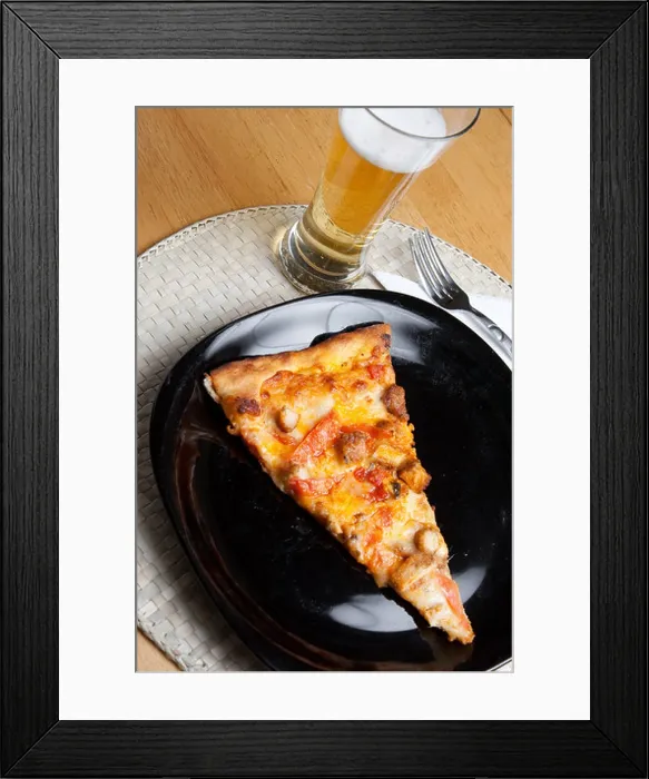 Framed Print : A single slice of buffalo chicken pizza and a glass of light beer. Shallow depth of field Framed Print : A single slice of buffalo chicken pizza and a glass of light beer. Shallow depth of field