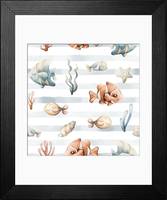 Framed Print : Sea Fishes Shells Seaweeds. Watercolor hand painted summer blue striped seamless pattern on white background Framed Print : Sea Fishes Shells Seaweeds. Watercolor hand painted summer blue striped seamless pattern on white background