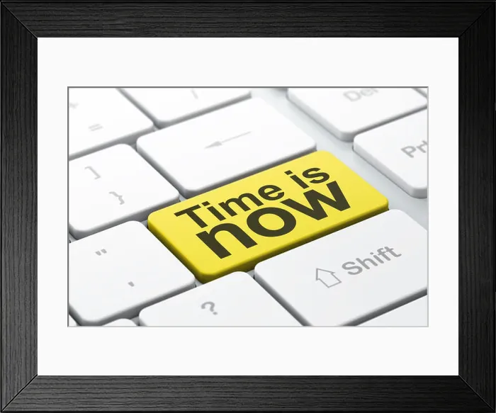 Framed Print : Time concept: Time is Now on computer keyboard background Framed Print : Time concept: Time is Now on computer keyboard background
